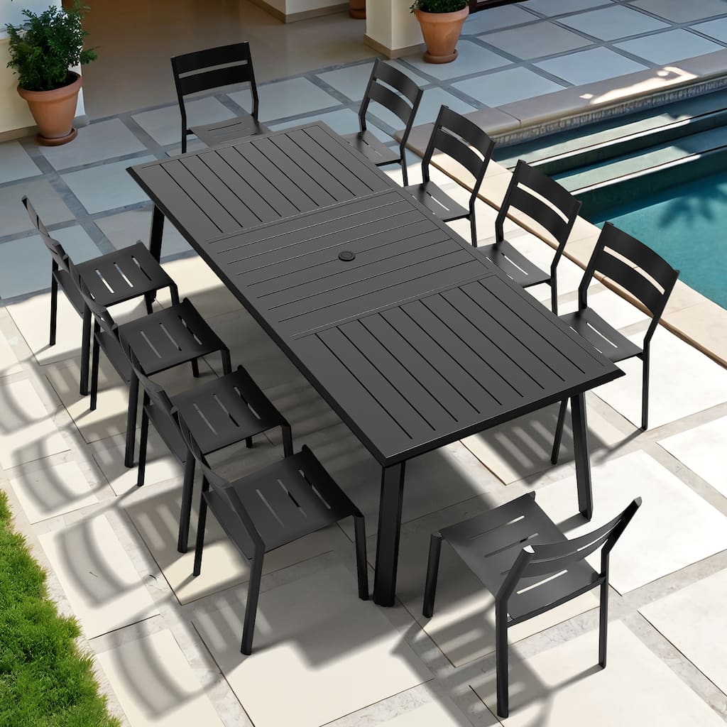 11PC Patio Outdoor Dining Set All-Aluminum Umbrella Hole Table wiht Stackable Chairs