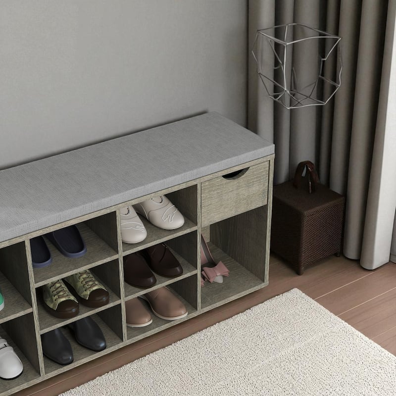 Storage Bench with Cushion, 10-Compartment Shoe Rack Bench with Drawer, Entryway Organizer Bench 40.9" Wide, 330 lb Capacity
