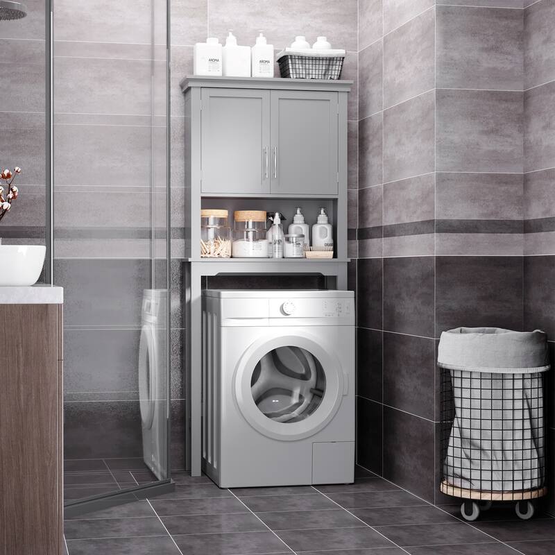 Grey Space-Saving Bathroom Cabinet with Classic Shaker Door and Open Storage Shelf - 28" W x 8" D x 65" H