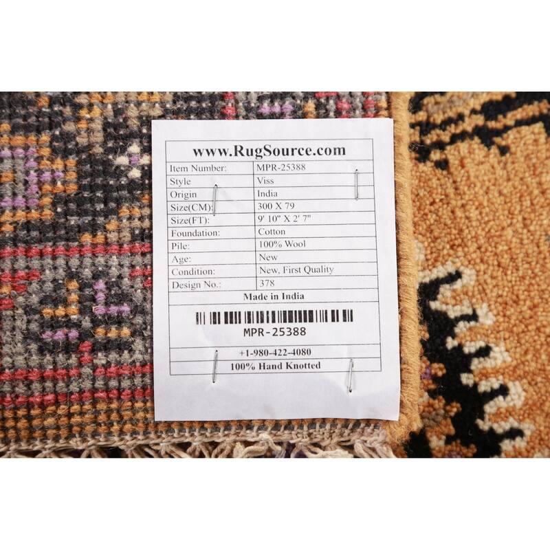 Geometric Viss Indian Runner Rug Hand-Knotted Wool Carpet - 2'7"x 9'10"