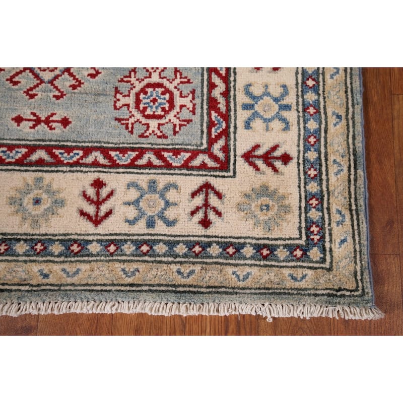 Geometric Kazak Oriental Runner Rug Hand-Knotted Blue Wool Carpet - 2'3" x 13'2"
