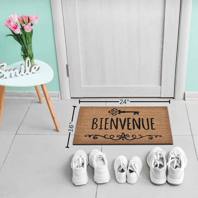 Front Door Mat Bienvenue Coir Coco Fibers Rug 24x16 Inch Natural