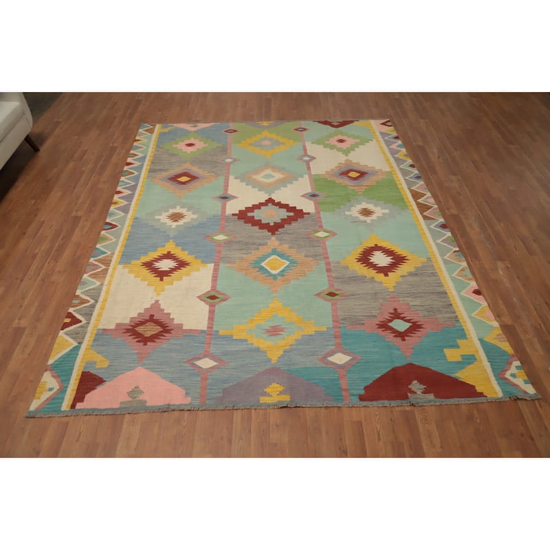 Hand Woven Oriental 100% Wool Carpet Southwestern Tribal Multi-Colored Kilim Area Rug - 9' 6'' X 7' 8''