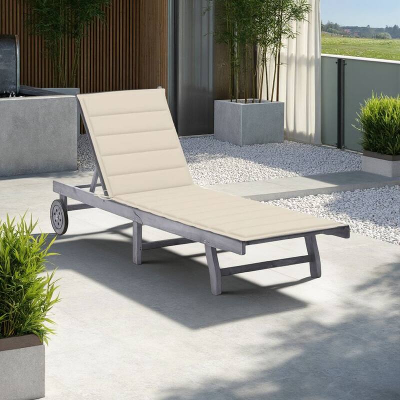 Outdoor Sun Lounger, Gray Acacia Wood, Ivory Fabric Cushion, 78 Inch