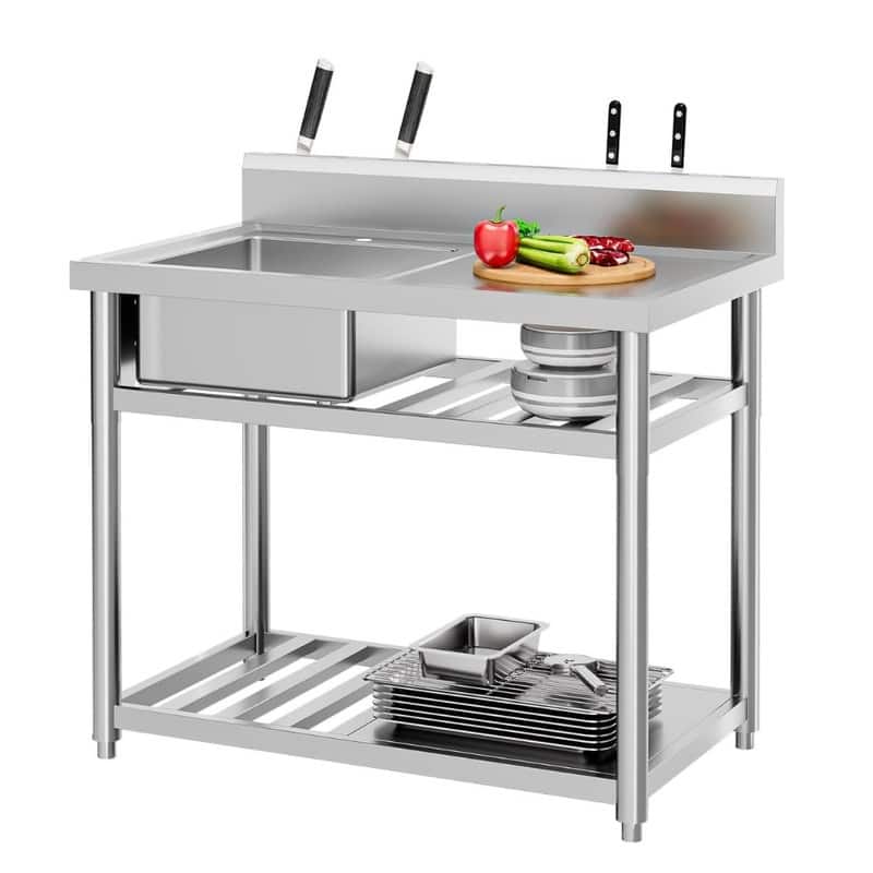 39 In. Freestanding Stainless Steel Single Bowl Kitchen Sink In Silver With Shelves And Hanging Hooks - N/A