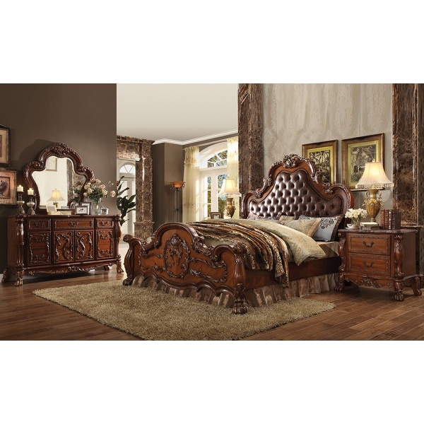 ACME Dresden Queen Bed, PU & Cherry Oak (1Set/3Ctn) - Bed Bath