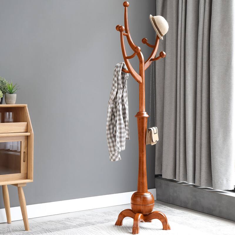 Tree-branch Rubberwood Freestanding Coat Rack with Hooks - Type A - Light Brown