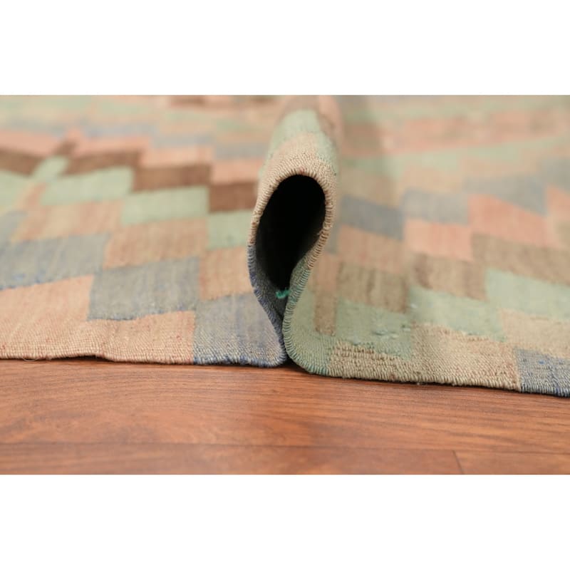 Hand Woven Oriental 100% Wool Carpet Southwestern Tribal Green Kilim Area Rug - 9' 6'' X 4' 10''