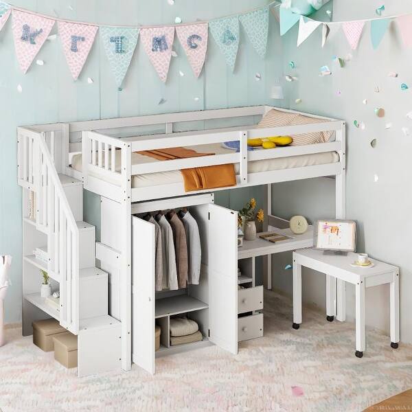 slide 2 of 60, Twin Size Multifunctional Loft Bed with Wardrobe With Shelves,A Side Desk With 2 Drawers,A Movable Table White