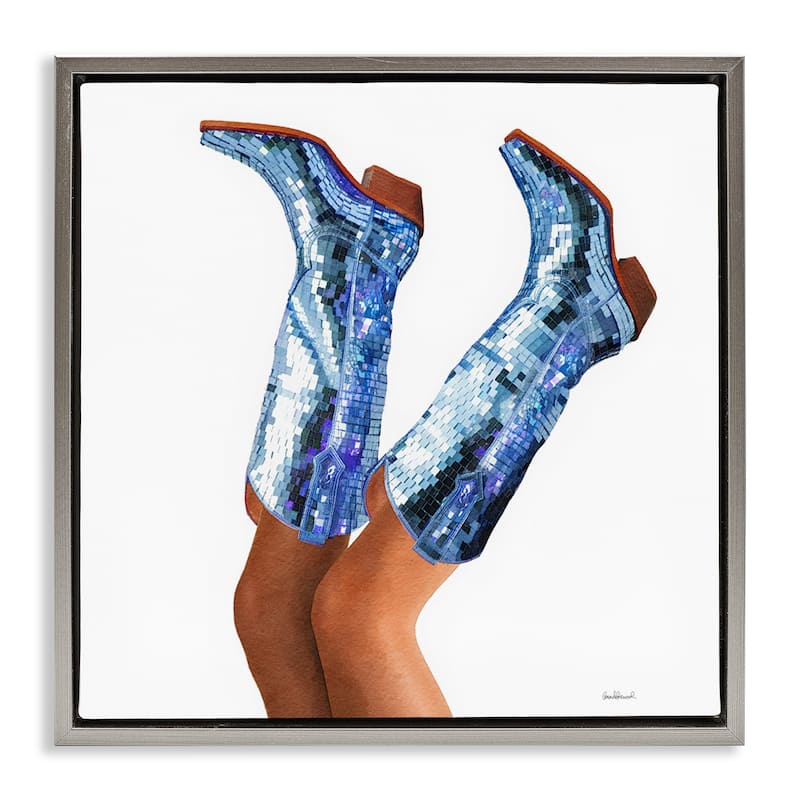 Stupell Blue Glam Cowgirl Boots Framed Floater Canvas Wall Art Design By Amanda Greenwood - 18 x 18 - Grey