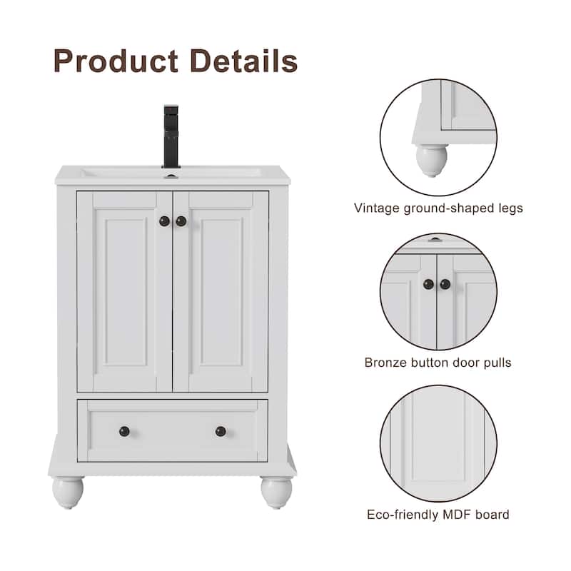 Retro Bathroom Vanity Cabinet Solid Wood Classic with Ceramic Sink