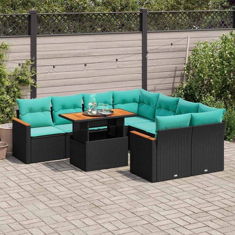 vidaXL 9 Piece Patio Sofa Set with Cushions Black Poly Rattan - 21.7 x 24.4 x 27.2