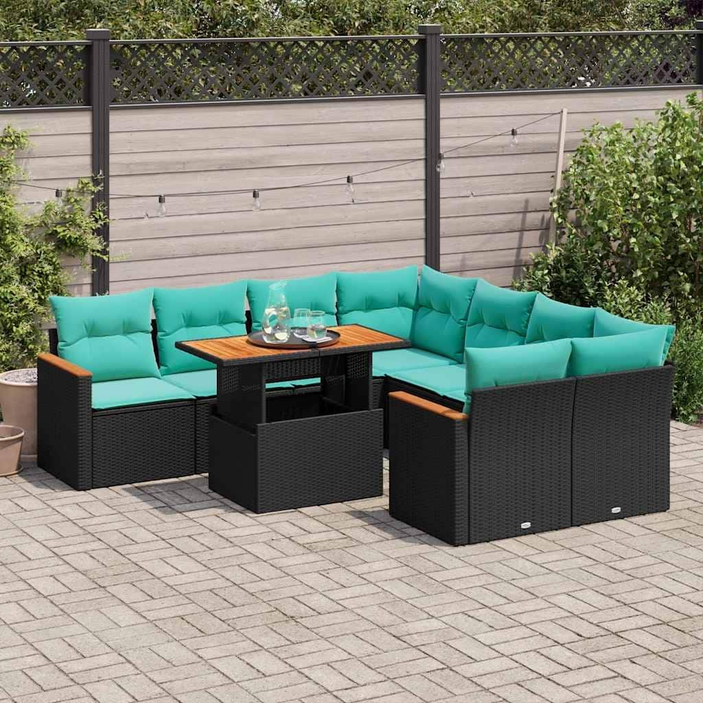 vidaXL 9 Piece Patio Sofa Set with Cushions Black Poly Rattan - 21.7 x 24.4 x 27.2