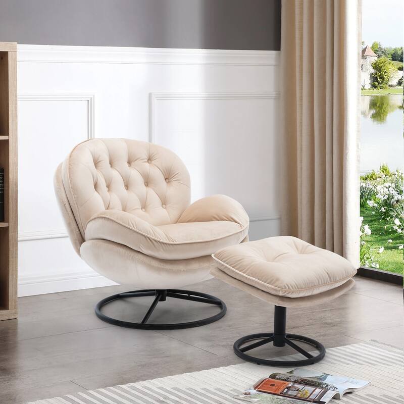Velvet Swivel Accent Chair with Ottoman & Metal Legs (360° Rotation)