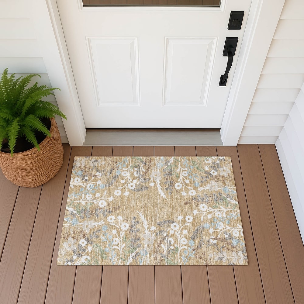 Machine Washable Indoor/ Outdoor Floral Border Chantille Rug