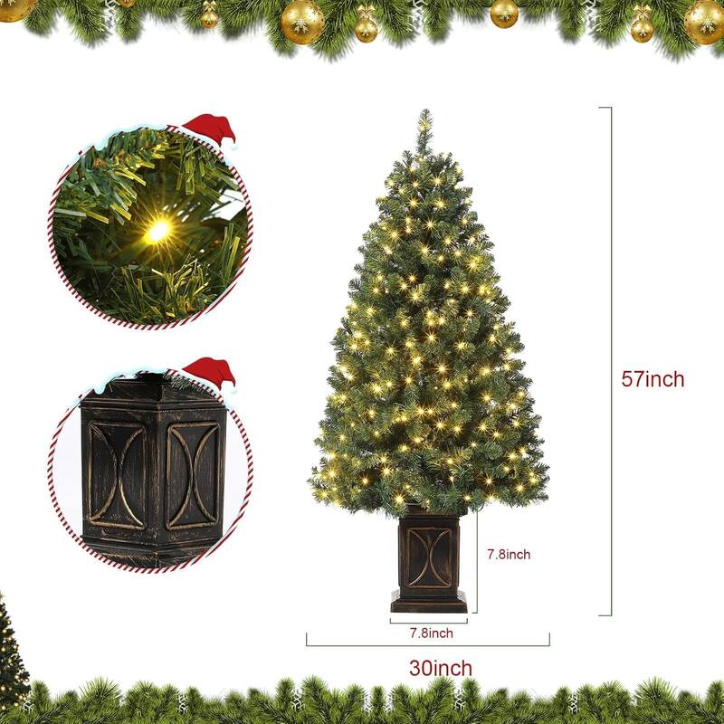4.5 Ft Artificial Christmas Tree with 200 Warm White LED Lights and Red Berries Potted Base Holiday Xmas Tree