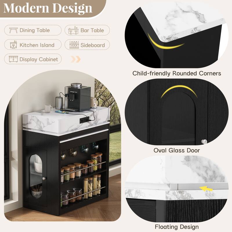 Extendable Kitchen Island Dining Table with Power Outlet, Rolling Sideboard with Folding Tabletop & Drawers