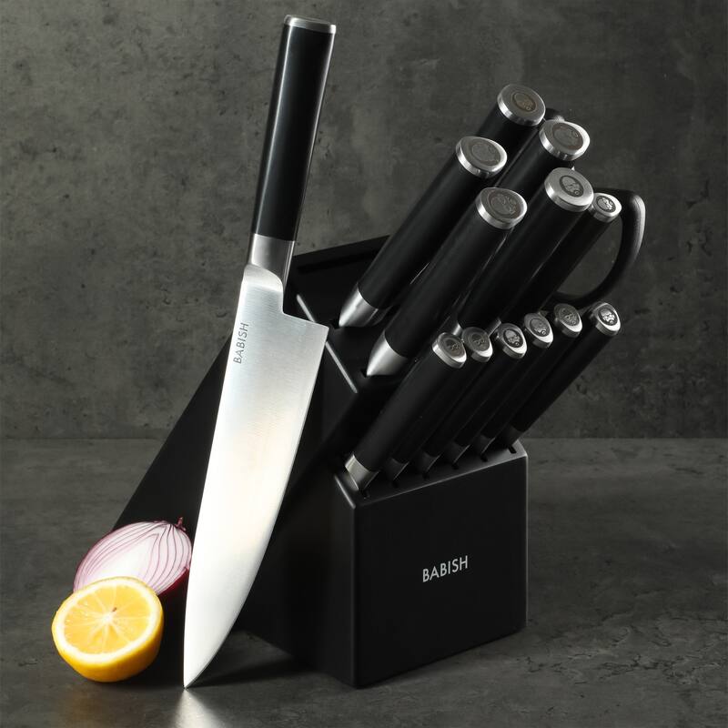 Babish High-Carbon 1.4116 German Steel 15 Piece Full Tang Forged Cutlery Block Set - Black