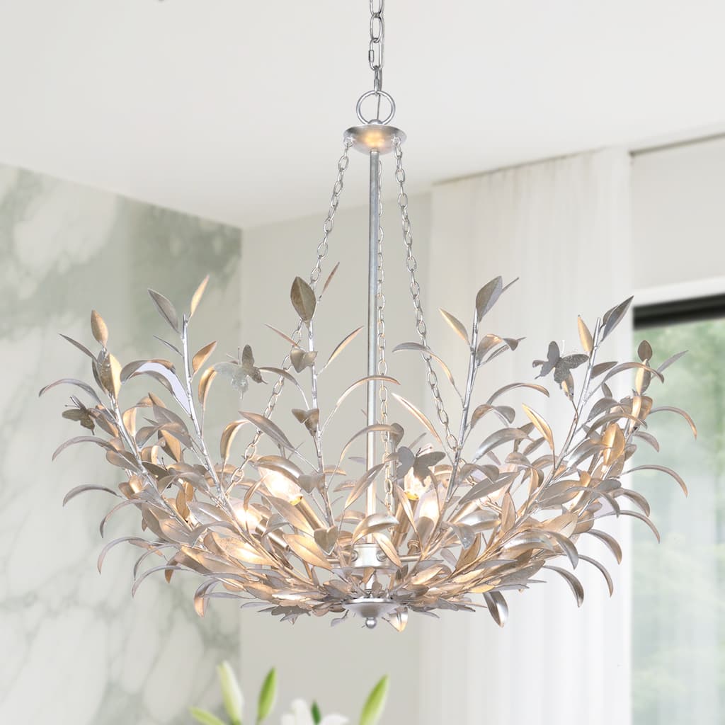 Modern Vintage 6-Light Silver Chandelier Handcrafted Silver Foil Antique Leaf & Butterfly Ceiling Light