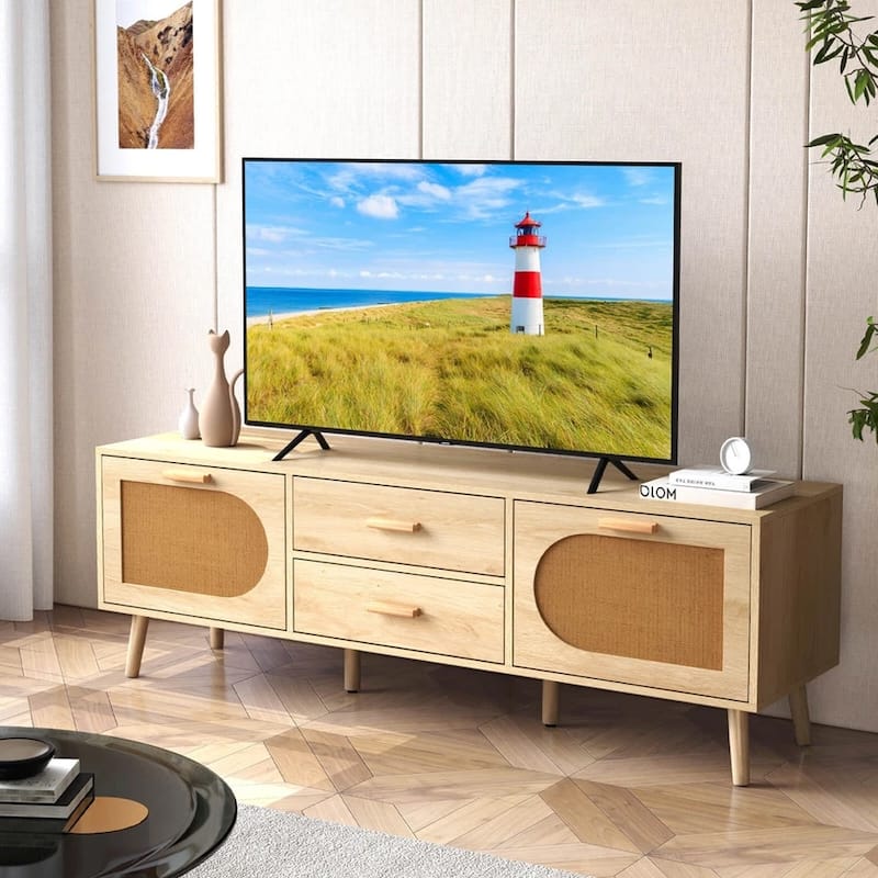 Rattan TV Stand for 65-Inch TV 59" TV Console Cabinet Boho - 58 inches