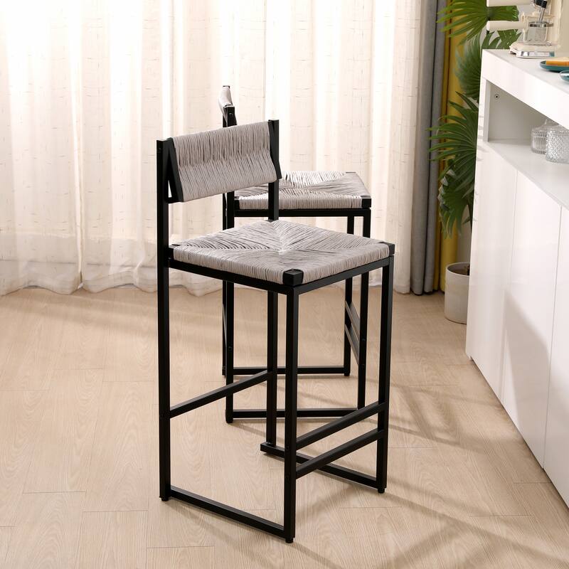 Paper Rope Woven Bar Stools Set of 2 Hand Weave Counter Stool with footrest for Kitchen Island, Dining Room