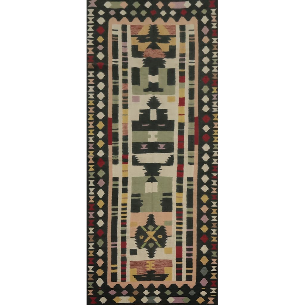 Hand Woven Oriental 100% Wool Carpet Southwestern Tribal Multi-Colored Kilim Runner Rug - 12' 1'' X 4' 3''