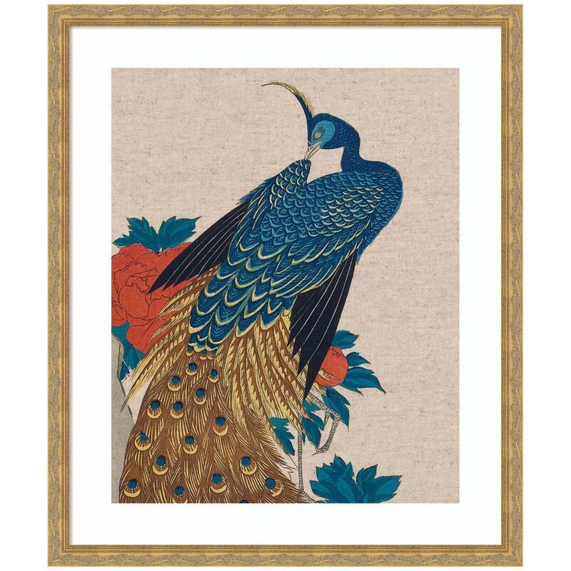 Kate and Laurel Framed Art Peacock and Peonies 1840 Utagawa Hiroshige Neutral Linen by The Art Institute of Chicago - 22x26 - Gold