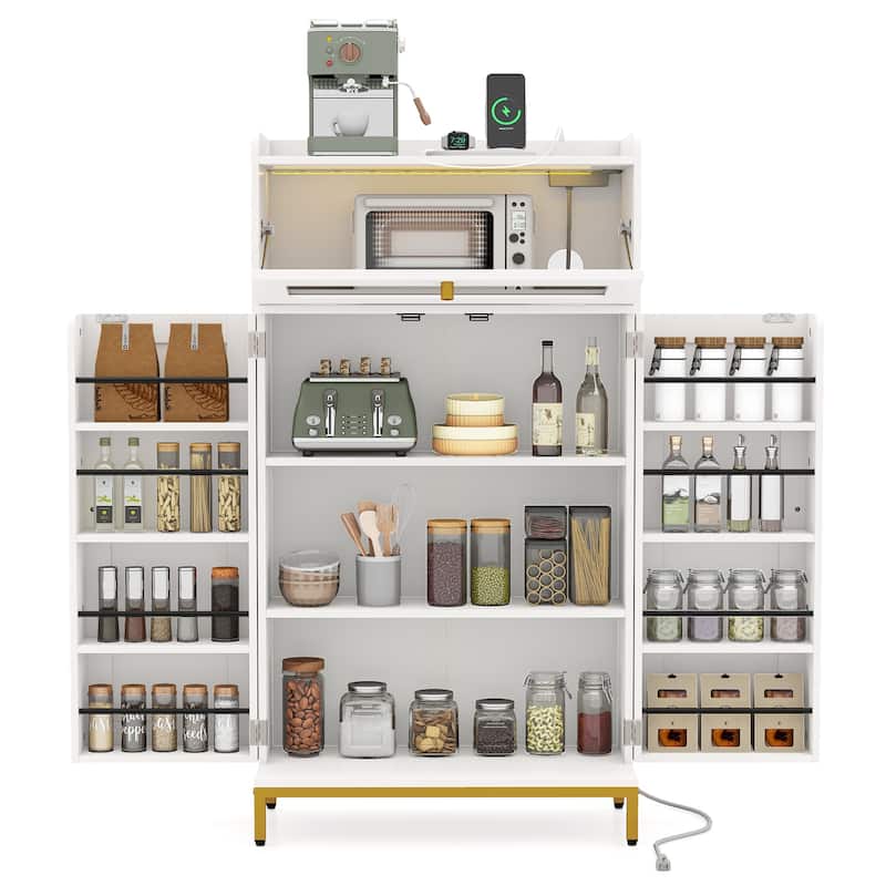 White-Gold MDF and Metal Kitchen Pantry Cabinet with LED Lights and USB Ports - 23.5" x 12" x 43.5"