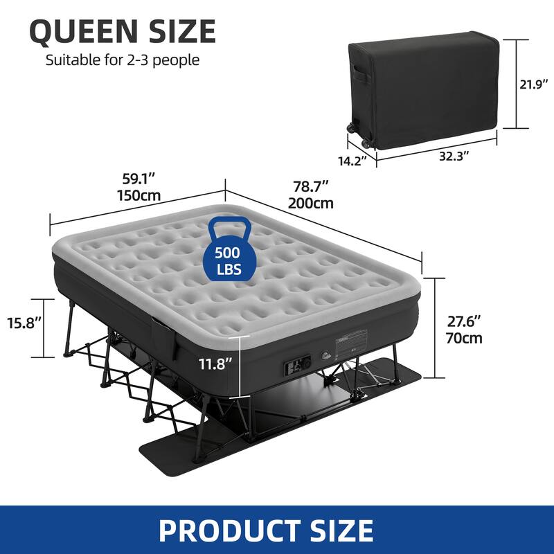 Inflatable mattress with wheeled storage box Inflatable mattress with built-in pump
