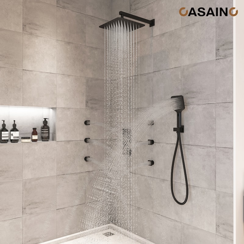 Luxury Thermostatic Shower System 3-Spray Patterns Wall Mount Fixed Shower Head and Handheld Spray with 6 Body Jets - 12" x 12" - Matte Black