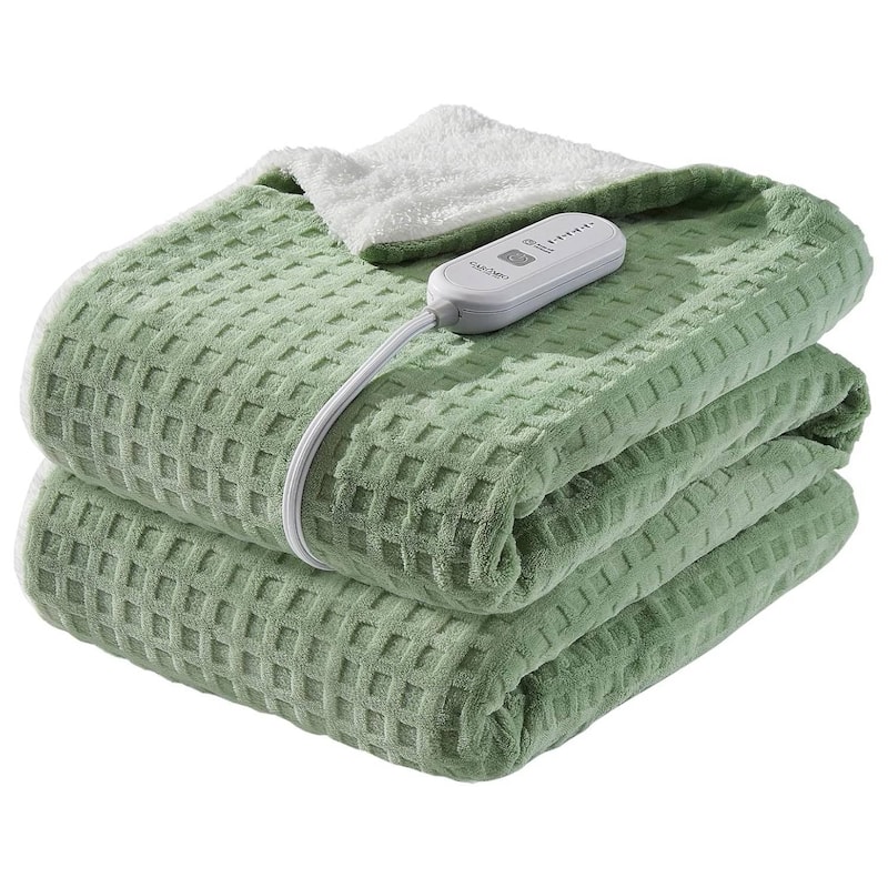 Waffle Soft Flannel & Sherpa Heated Throw Electric Blanket, Greeen