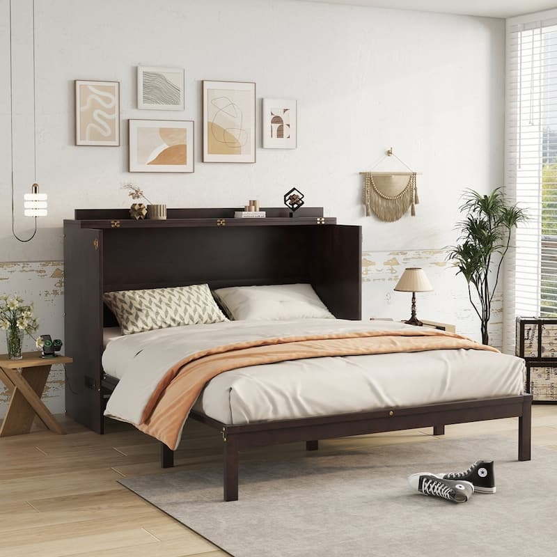 Pine Wood Cabinet Bed with Power Station and Rattan Decoration Panel