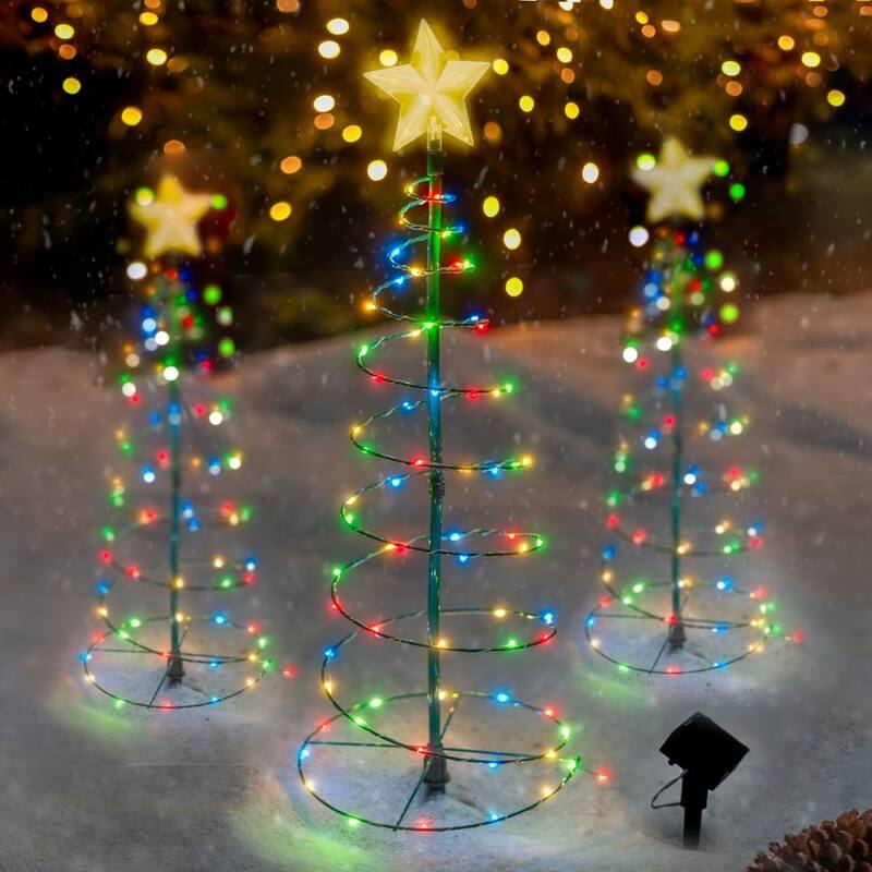 2 Ft. Tall Solar Pre-Lit LED Metal Christmas Tree Holiday Light Decoration - Multicolor or White - 3 Pack - Multi-Colored