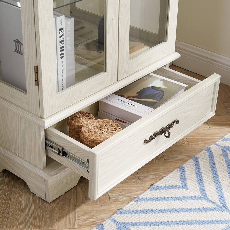 GDFStudio - Traditional Storage Lighted Curio Display Cabinet with Glass Doors and Drawer