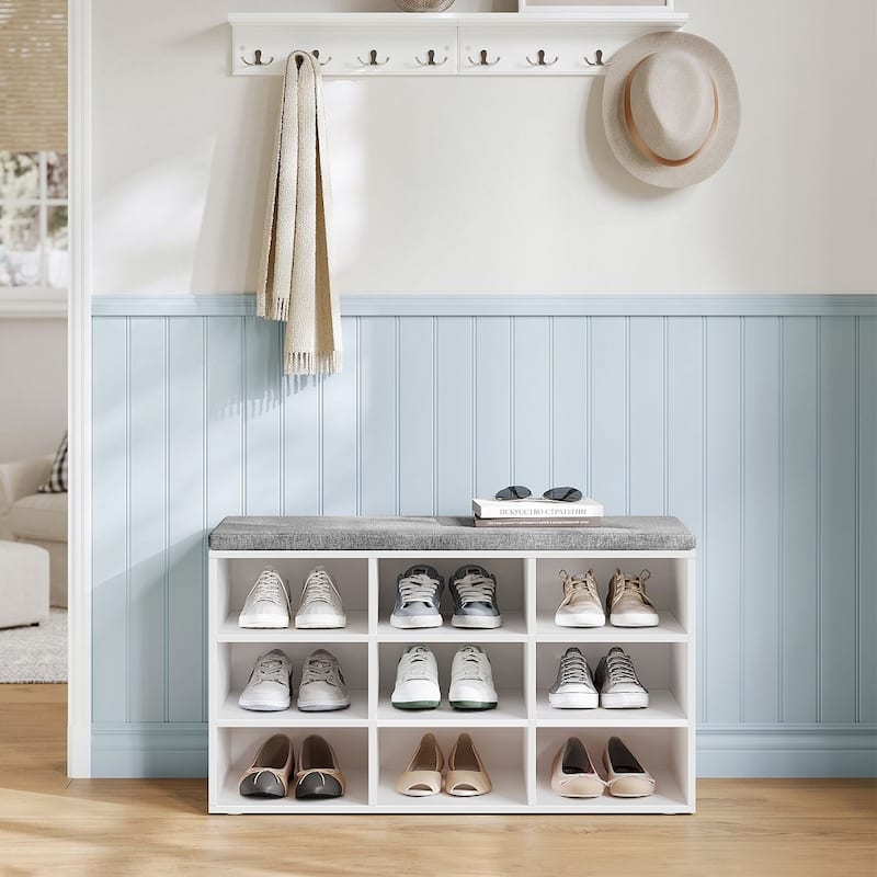 9-Compartment Storage Bench with Comfortable Linen-Look Seat Cushion for Shoes and Accessories - 11.9"D x 30.9"W x 18.9"H