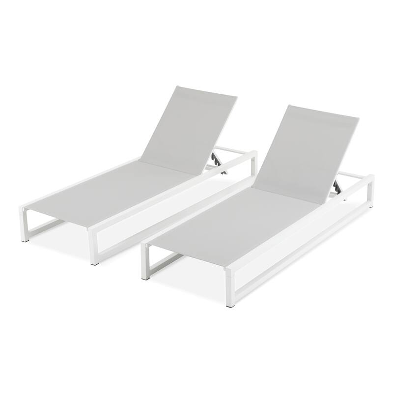 Roomfitters Adjustable Outdoor Chaise Lounge Chair, Aluminum Frame with Textilene Mesh, 5 Recline Positions - Light Grey,White; Set of 2