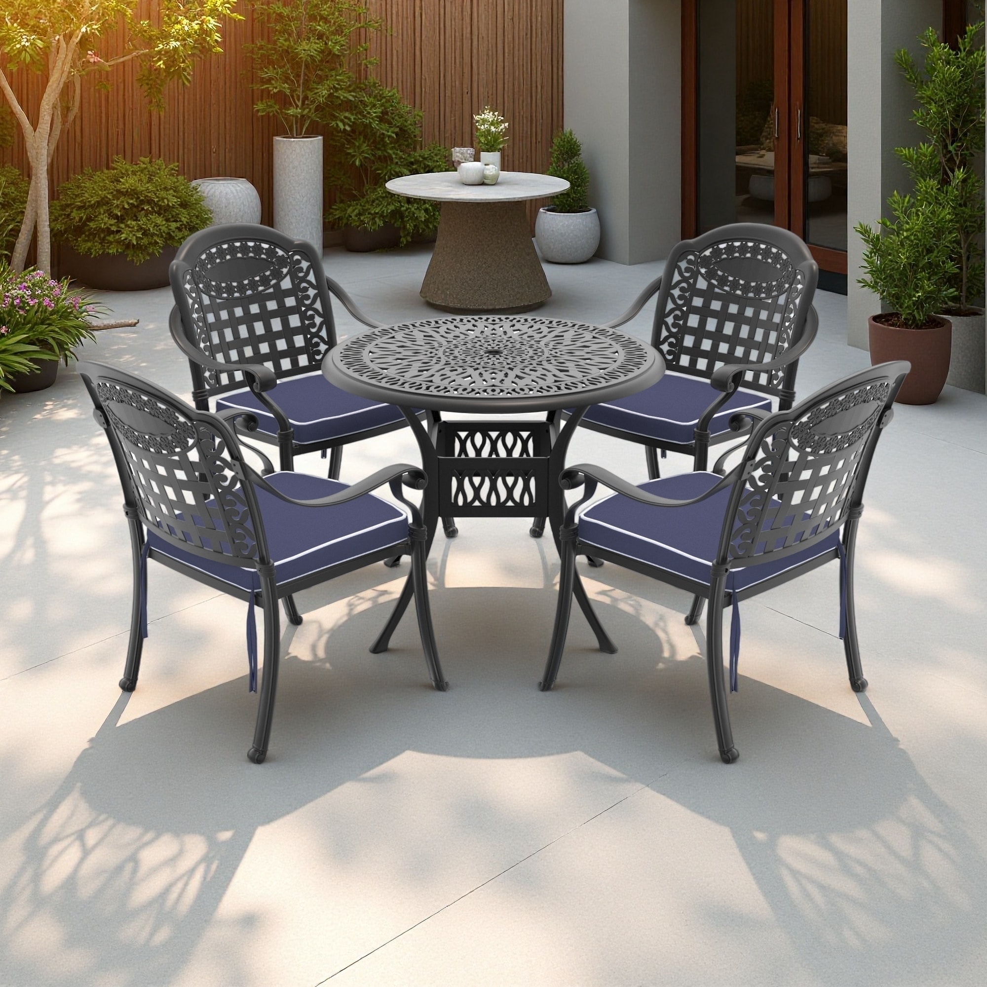 5-Piece Outdoor Patio Aluminum Dining Set with Round Table, Umbrella Hole and 4 Stacking Chairs with Cushions