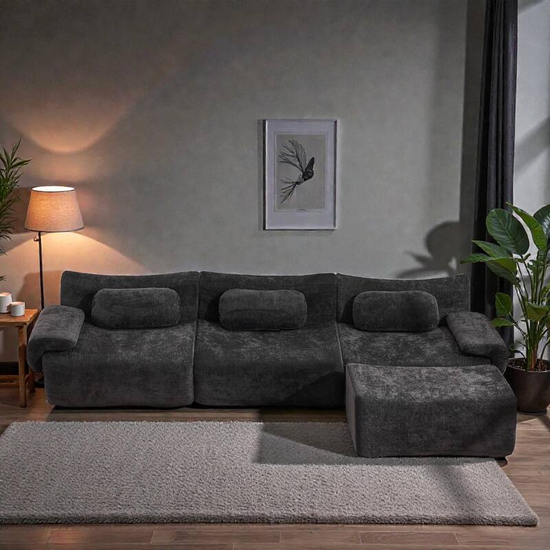 Modular Chenille Sofa Set with Armchair, Extra Large Deep Seat 3 Seater Compression Couch with Pillows