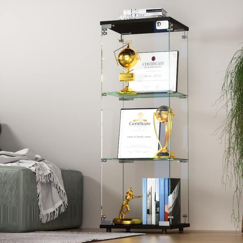 Glass Display Cabinet with Doors & Locks, Acrylic Shelves, Floor Standing Storage Showcase for Home or Office