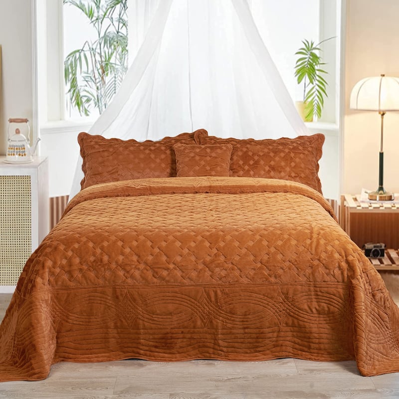 FauxFur Quilted Tatami 4-piece Bedspread Set - Burnt Orange - King