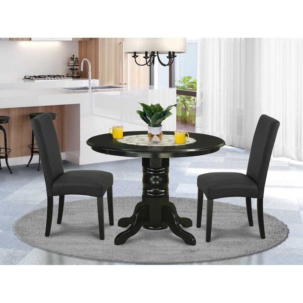 Medieval Round Dining Set - 42 Inch Table & 2 Parsons Chairs - Black Finish - Linen Fabric