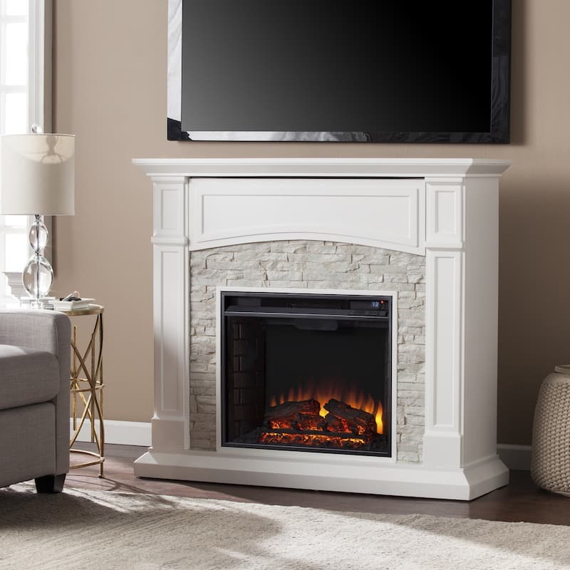 SEI Furniture Helliwell Electric Media Fireplace with White Faux Stone Mantel and Media Storage - Brick Accent Firebox