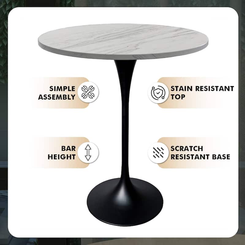 LeisureMod Verve Round Bar Dining Table with White Resin TableTop and Black Steel Base for Kitchen & Dining Room