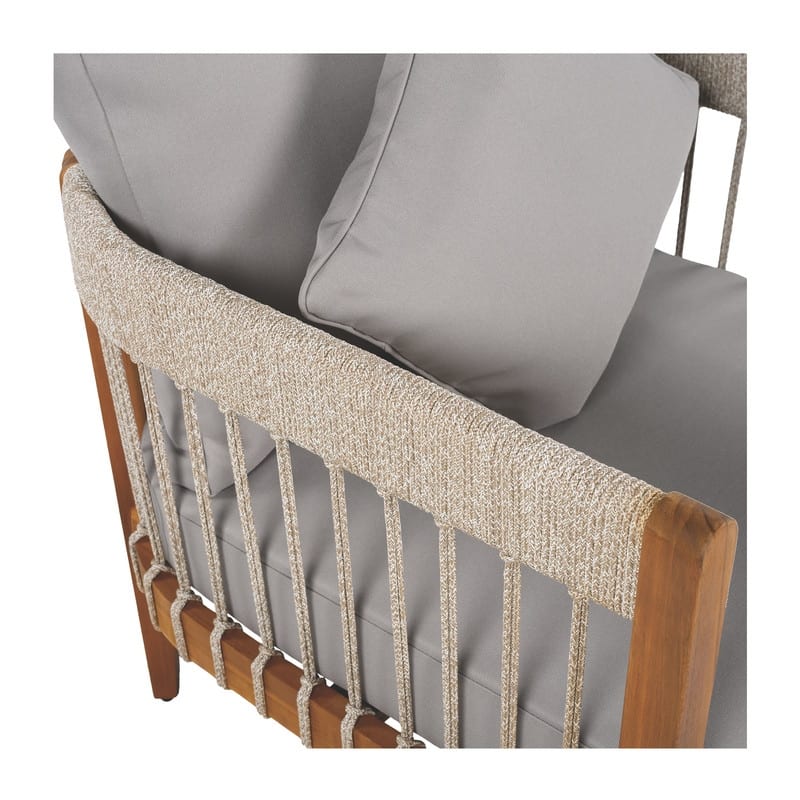 Boho-Style Outdoor Club Chair – Handwoven Rope Accents & Curved Acacia Wood Backrest, Water-Resistant with Removable Cushions .