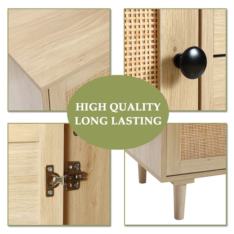 White Oak Finish Wood and Rattan 1-Door 4-Drawer Storage Cabinet - 36.61" H x 31.5" W x 16.53" D