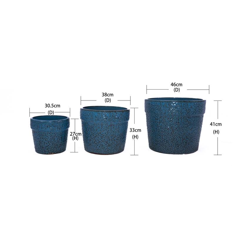 Antique Blue Ceramic Planter Set of 3 - 15" Square Modern Plant Pots with Drainage & Striped Design