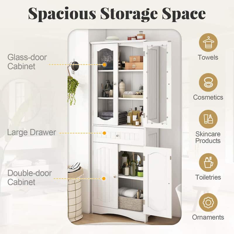 Costway 63" Tall Bathroom Cabinet with Tempered Glass Doors Adjustable - See Details