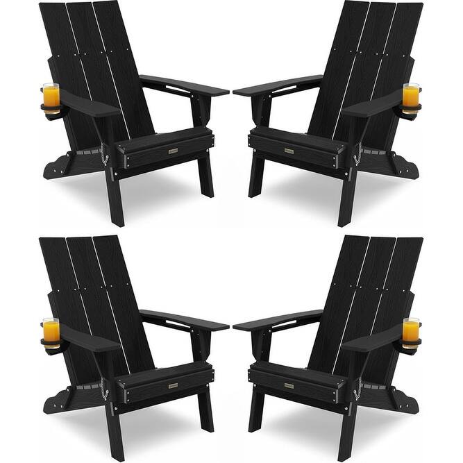 WINSOON Modern HDPE Outdoor Folding Adirondack Chair With Cup Holder Set Of 4 - Black