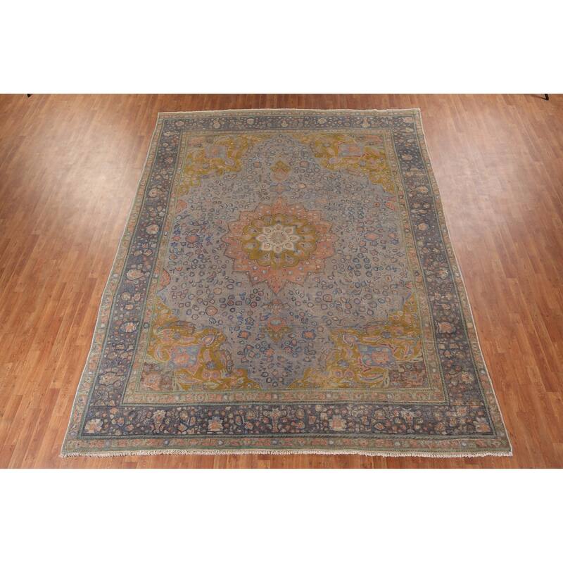 Distressed Tabriz Vintage Persian Area Rug Handmade Grey Wool Carpet - 9'10" x 12'10"