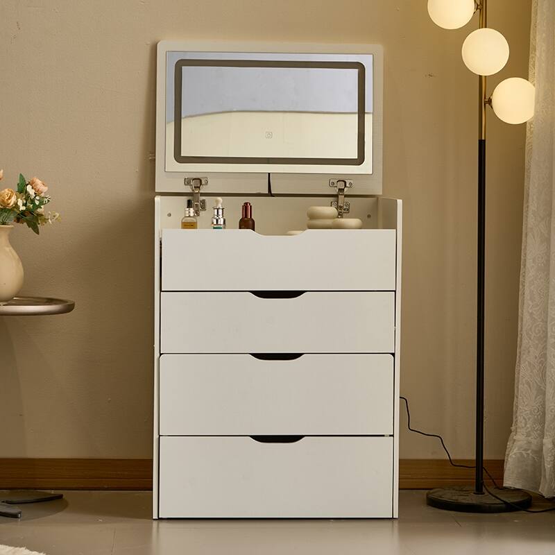 3 in 1 Vanity Desk with Plip-up Mirror & Lights, Glass Top Small Makeup Vanity, Makeup Desk with 3 Drawers & Storage Bench